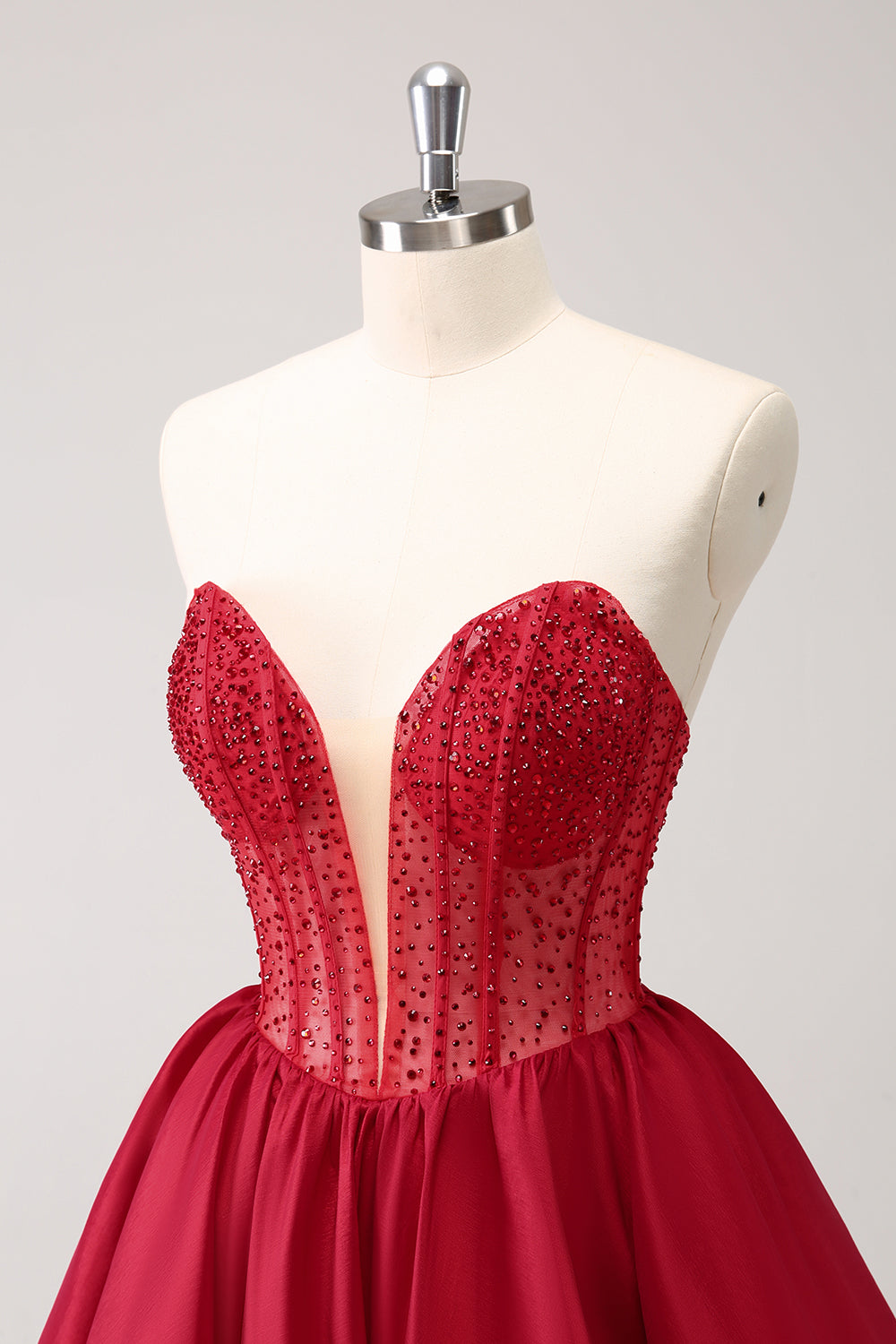 Red A Line Strapless Beaded Homecoming Dress