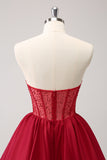 Red A Line Strapless Beaded Homecoming Dress