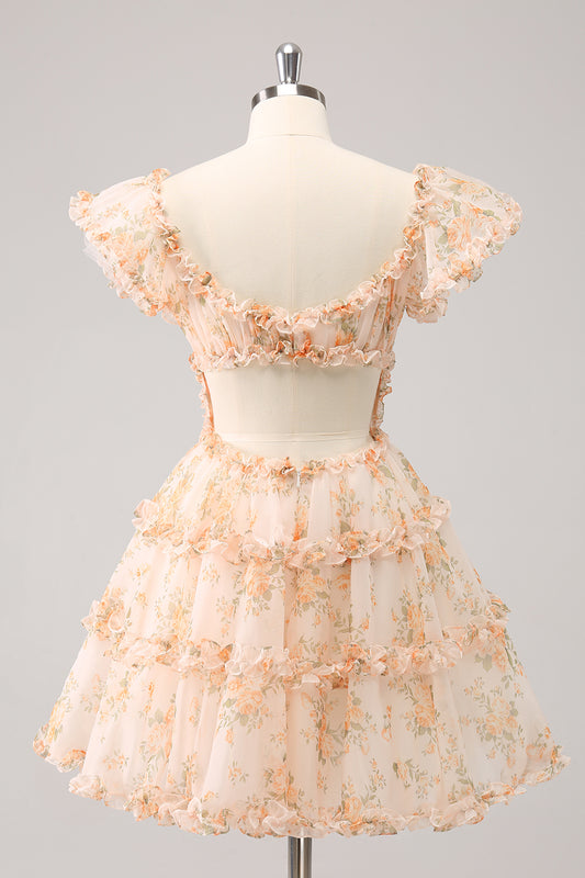 Yellow A Line Floral Homecoming Dress with Short Sleeves