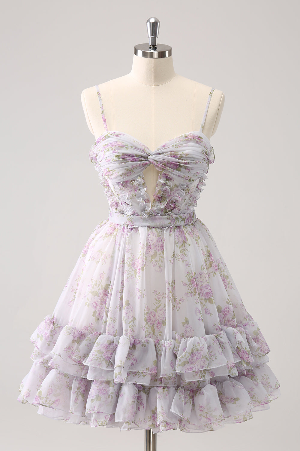 Lilac A Line Floral Homecoming Dress With Hole In Waist