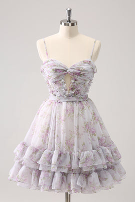 Lilac A Line Floral Homecoming Dress With Hole In Waist