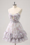 Lilac A Line Floral Homecoming Dress With Hole In Waist