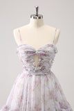 Lilac A Line Floral Homecoming Dress With Hole In Waist