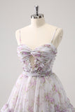 Lilac A Line Floral Homecoming Dress With Hole In Waist