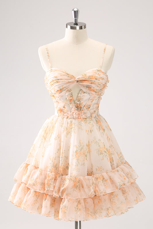 A Line Yellow Spaghetti Straps Floral Short Homecoming Dress