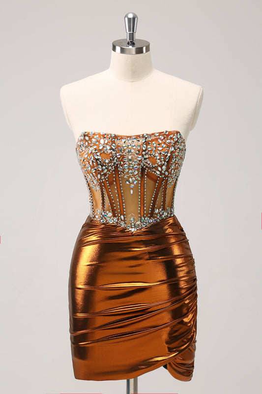 Copper Strapless Beaded Tight Homecoming Dress