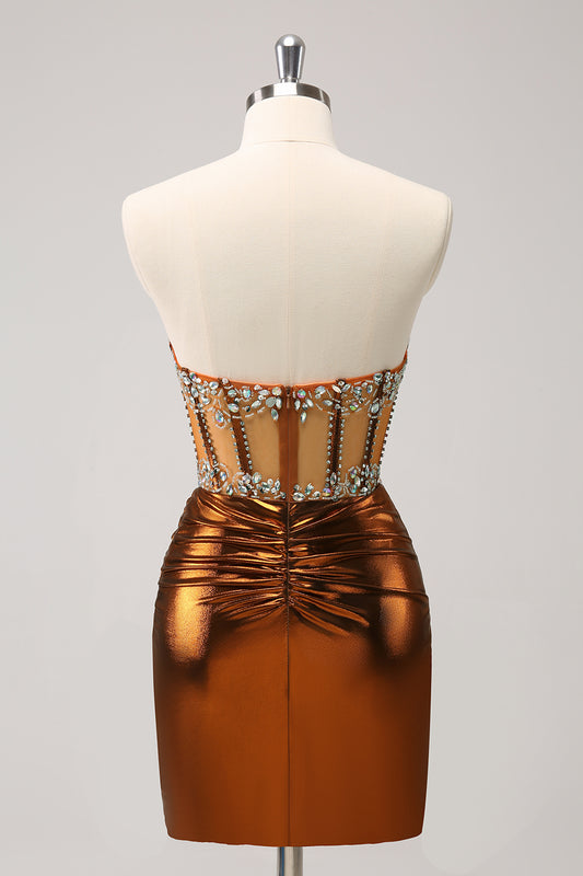 Copper Strapless Beaded Tight Homecoming Dress