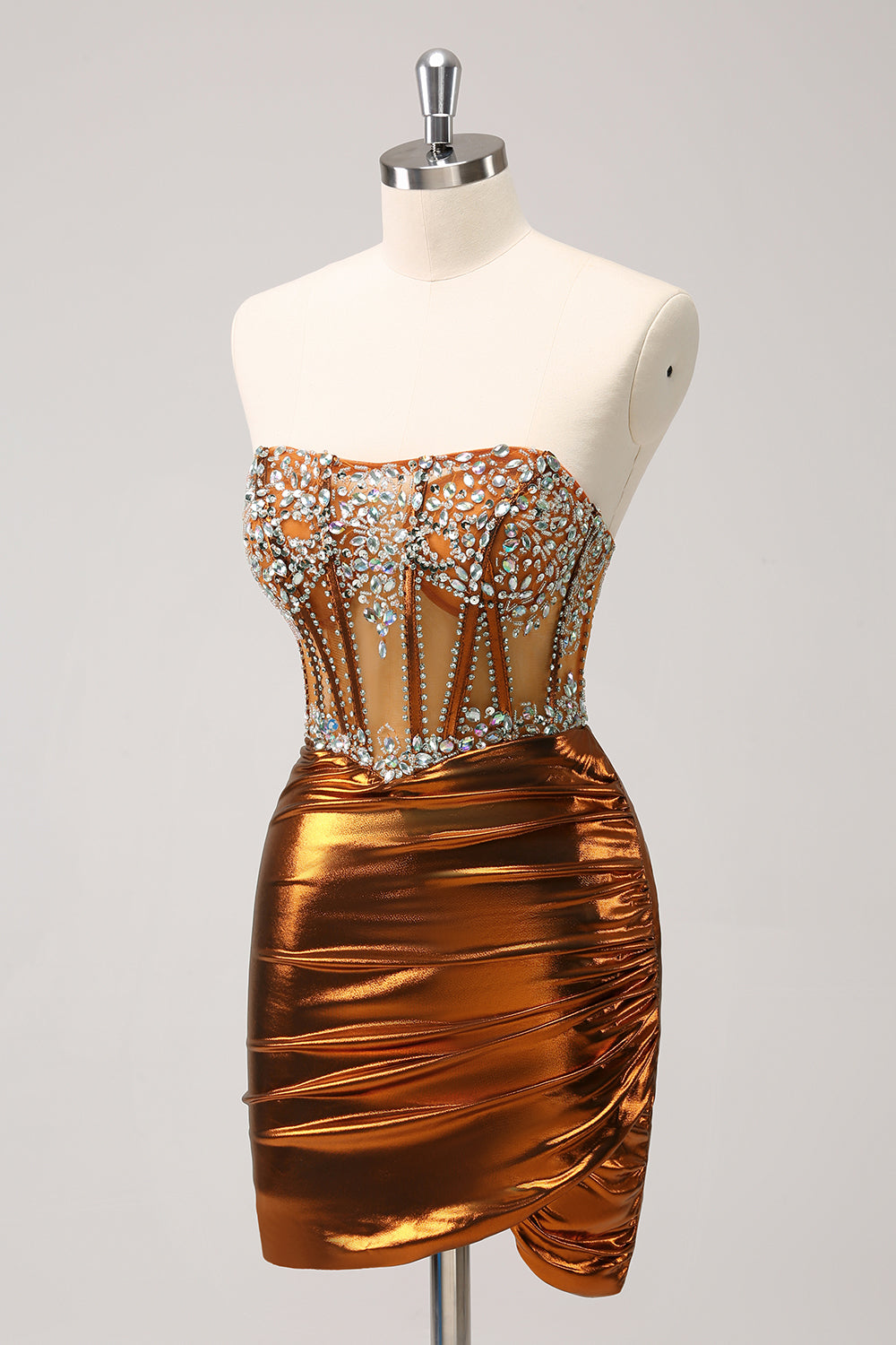 Copper Strapless Beaded Tight Homecoming Dress