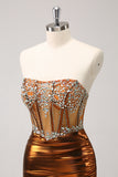 Copper Strapless Beaded Tight Homecoming Dress