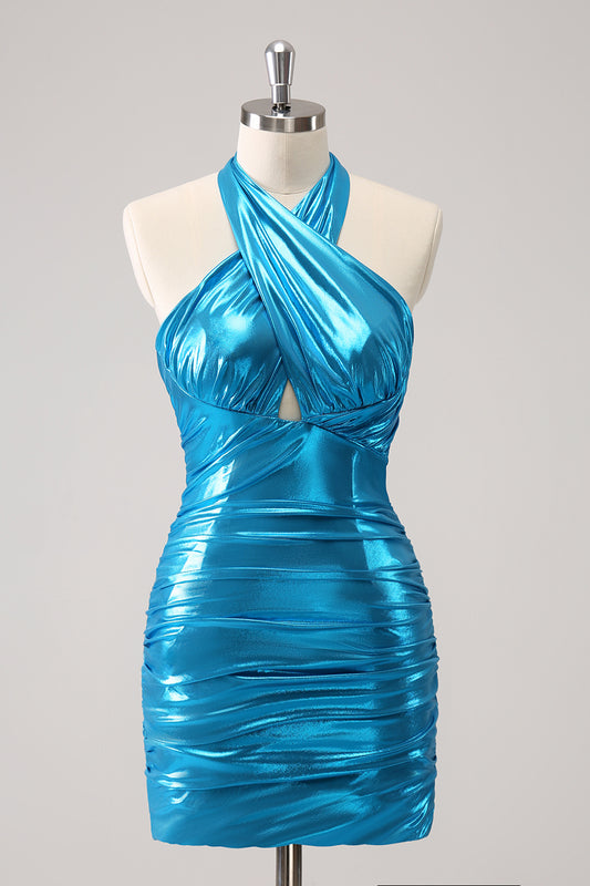 Blue Halter Tight Homecoming Dress