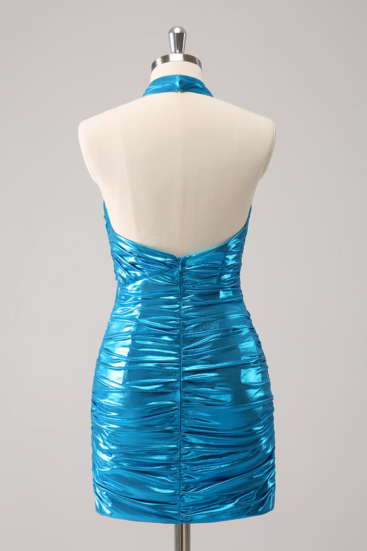 Blue Halter Tight Homecoming Dress