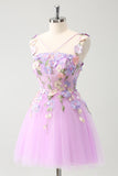 Purple A Line Halter Flowers Tulle Short Homecoming Dress