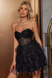 Sparkly Cute A Line Black Sweetheart Tiered Corset Homecoming Dress