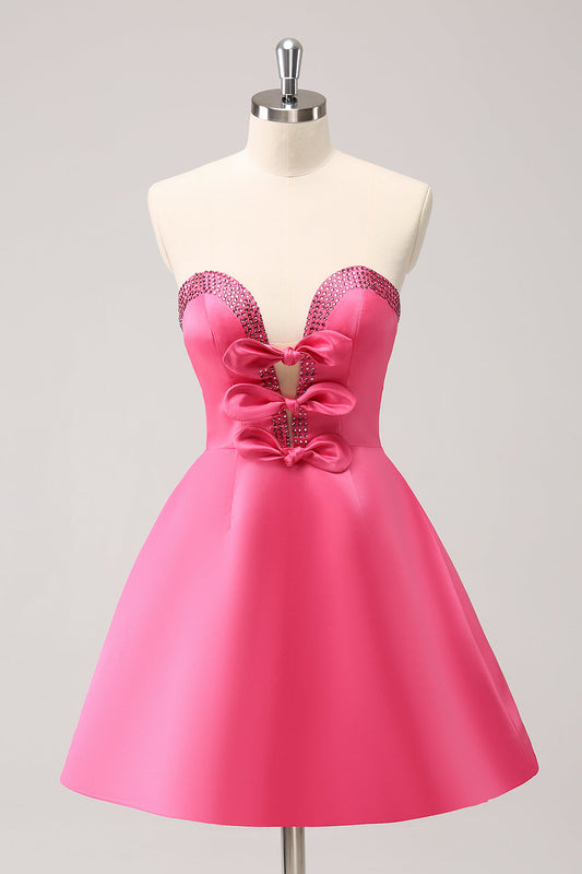 Sparkly Fuchsia A Line Beaded Strapless Homecoming Dress with Bows