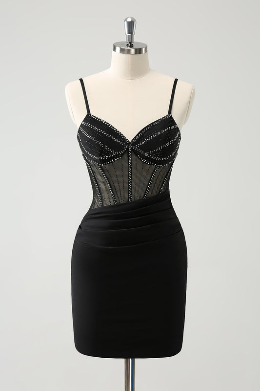 Sparkly Black Spaghetti Straps Beaded Corset Tight Homecoming Dress