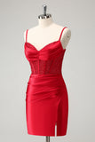 Stylish Bodycon Spaghetti Straps Corset Satin Red Homecoming Dress with Slit