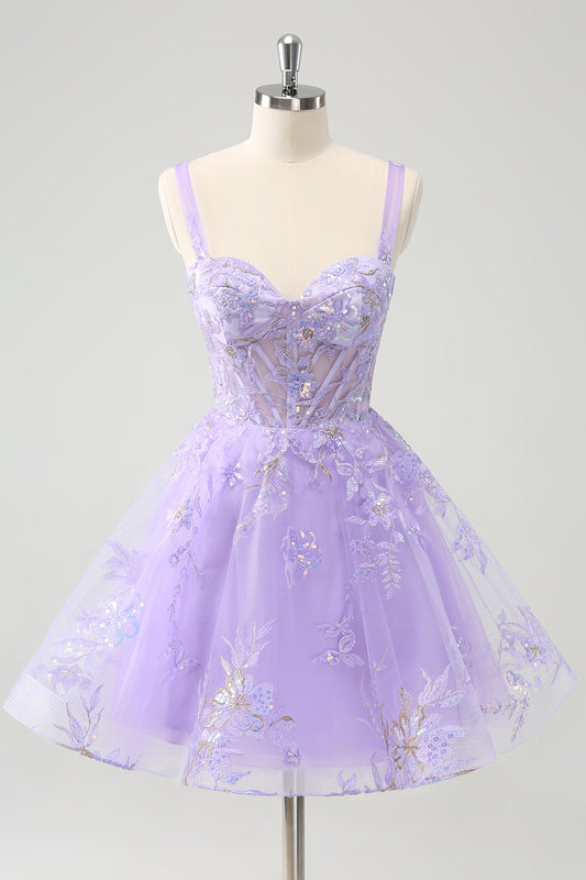 Sparkly A Line Lilac Sequins Corset Backless Tulle Homecoming Dress