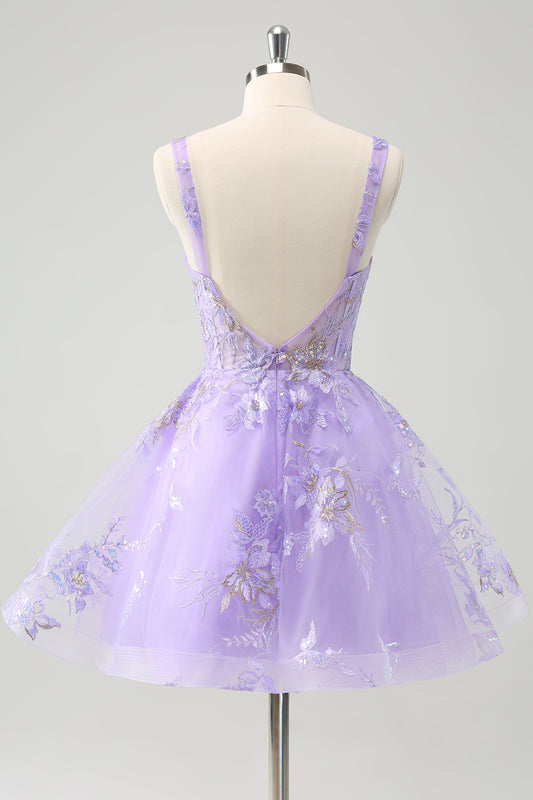 Sparkly A Line Lilac Sequins Corset Backless Tulle Homecoming Dress