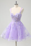 Sparkly A Line Lilac Sequins Corset Backless Tulle Homecoming Dress