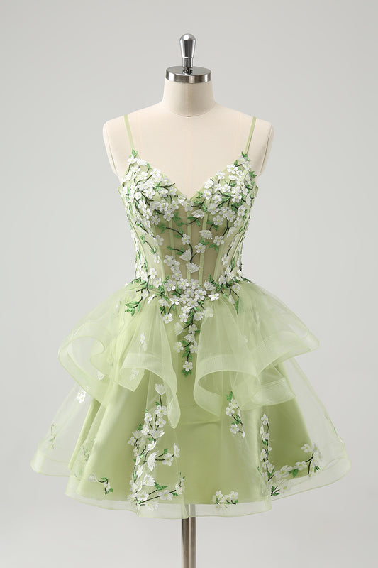 Light Green A Line Appliques Floral Corset Tiered Tulle Homecoming Dress