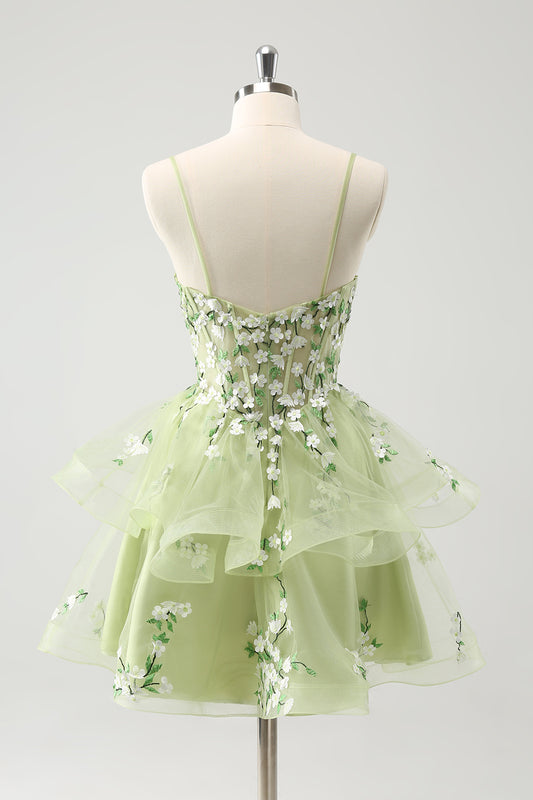 Light Green A Line Appliques Floral Corset Tiered Tulle Homecoming Dress