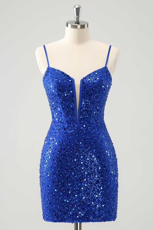 Sparkly Royal Blue Corset Tight Short Homecoming Dress