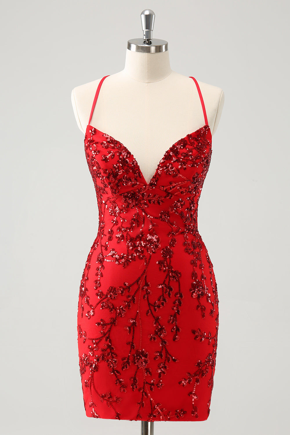 Red Spaghetti Straps Sequined Tight Homecoming Dress