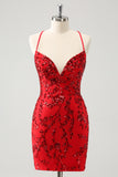 Red Spaghetti Straps Sequined Tight Homecoming Dress