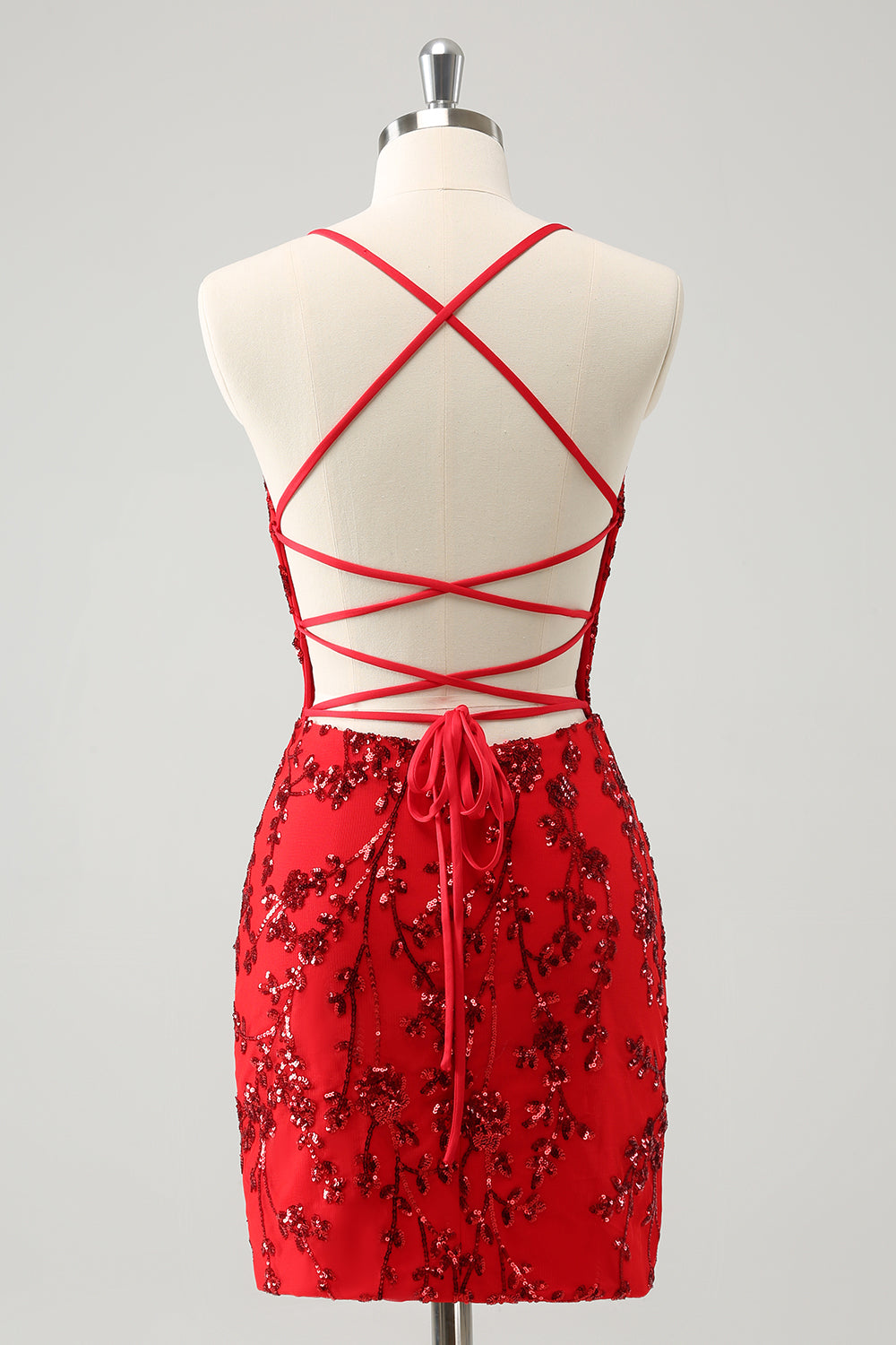 Red Spaghetti Straps Sequined Tight Homecoming Dress