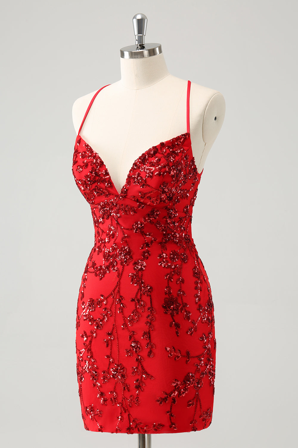 Red Spaghetti Straps Sequined Tight Homecoming Dress