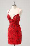 Red Spaghetti Straps Sequined Tight Homecoming Dress