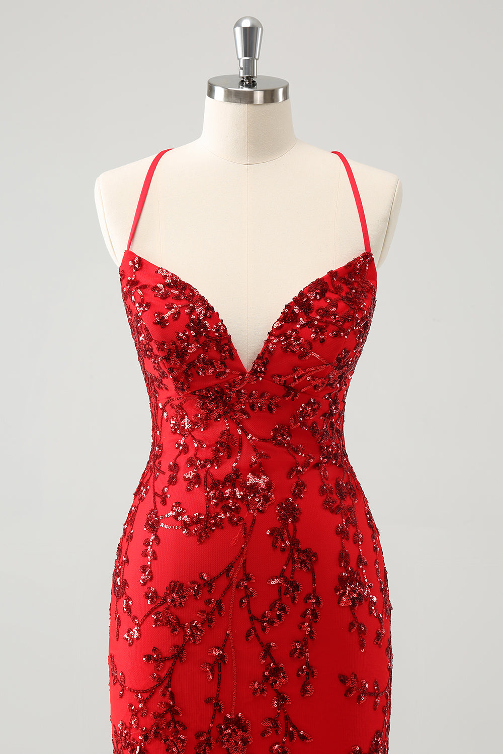 Red Spaghetti Straps Sequined Tight Homecoming Dress