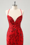 Red Spaghetti Straps Sequined Tight Homecoming Dress