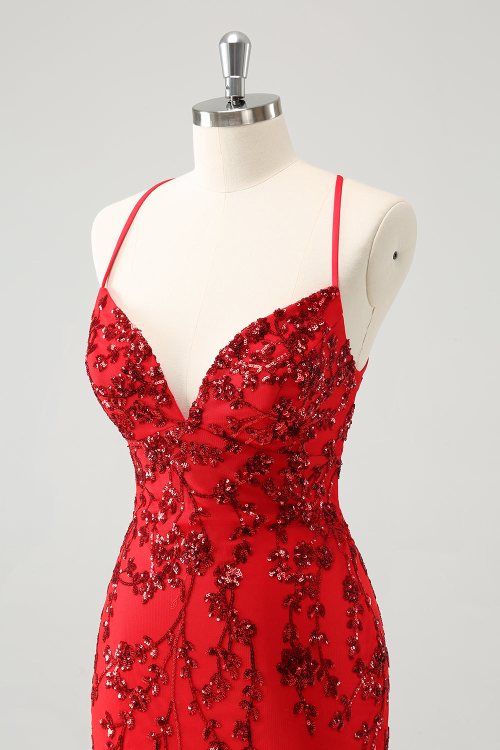 Red Spaghetti Straps Sequined Tight Homecoming Dress