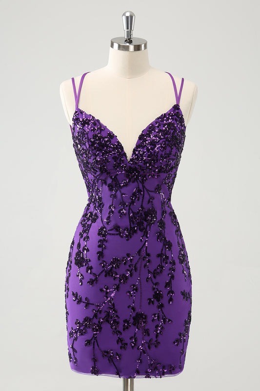 Purple Spaghetti Straps Sequined Tight Short Homecoming Dress