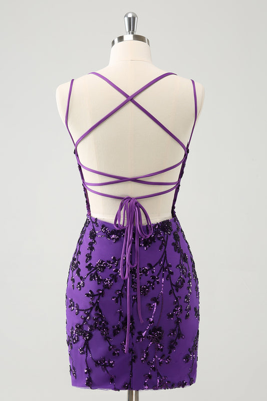 Purple Spaghetti Straps Sequined Tight Short Homecoming Dress