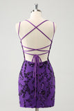 Purple Spaghetti Straps Sequined Tight Short Homecoming Dress