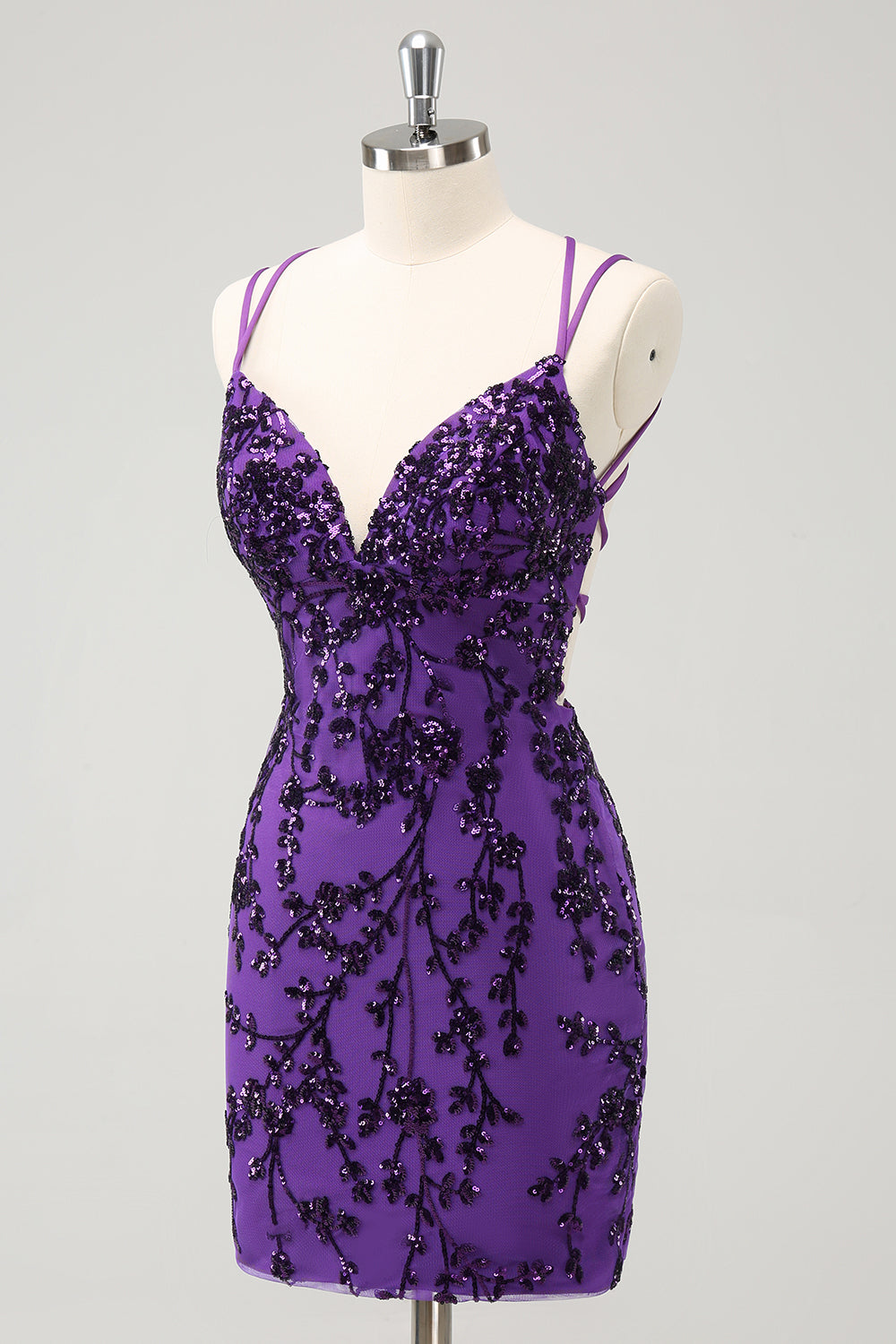 Purple Spaghetti Straps Sequined Tight Short Homecoming Dress