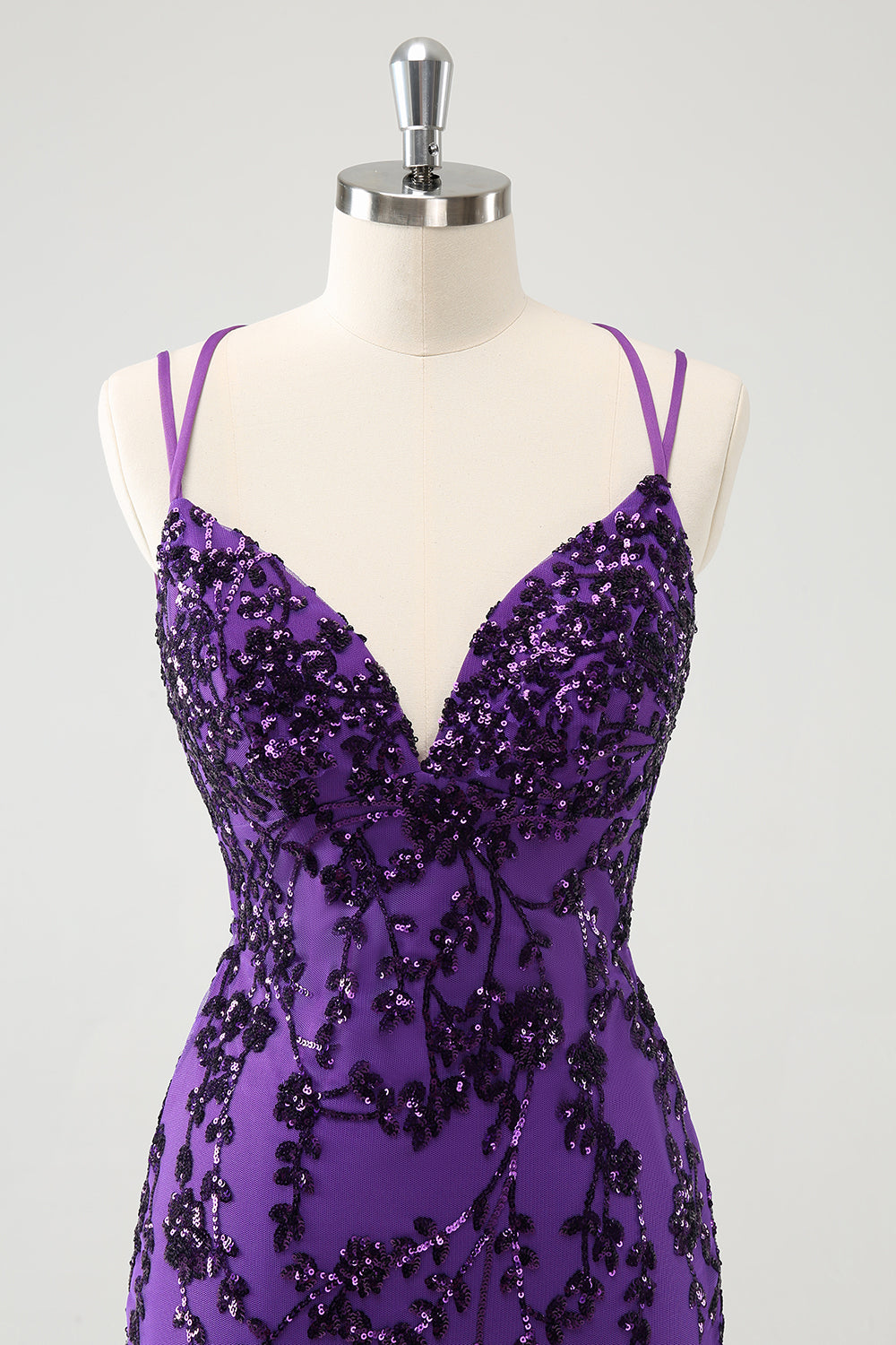 Purple Spaghetti Straps Sequined Tight Short Homecoming Dress