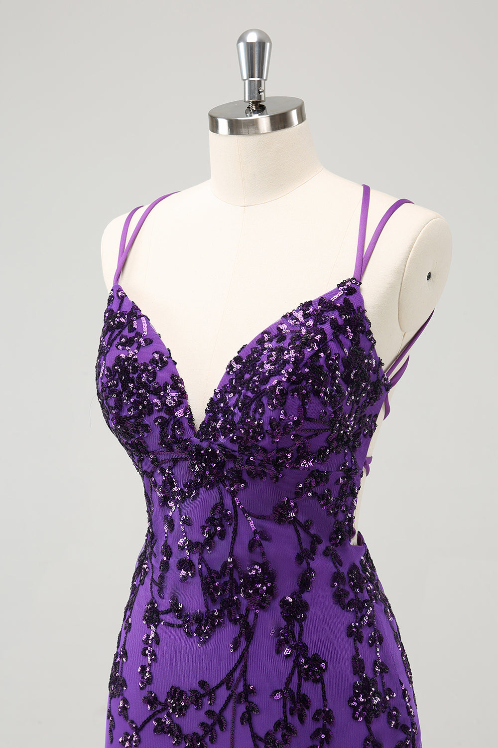 Purple Spaghetti Straps Sequined Tight Short Homecoming Dress