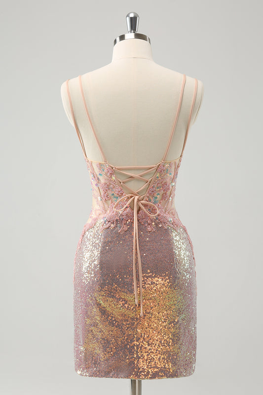 Sparkly Blush Spaghetti Straps Tight Short Homecoming Dress