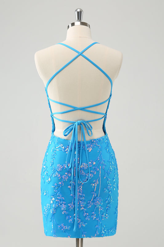 Sequined Sky Blue Tight Short Homecoming Dress