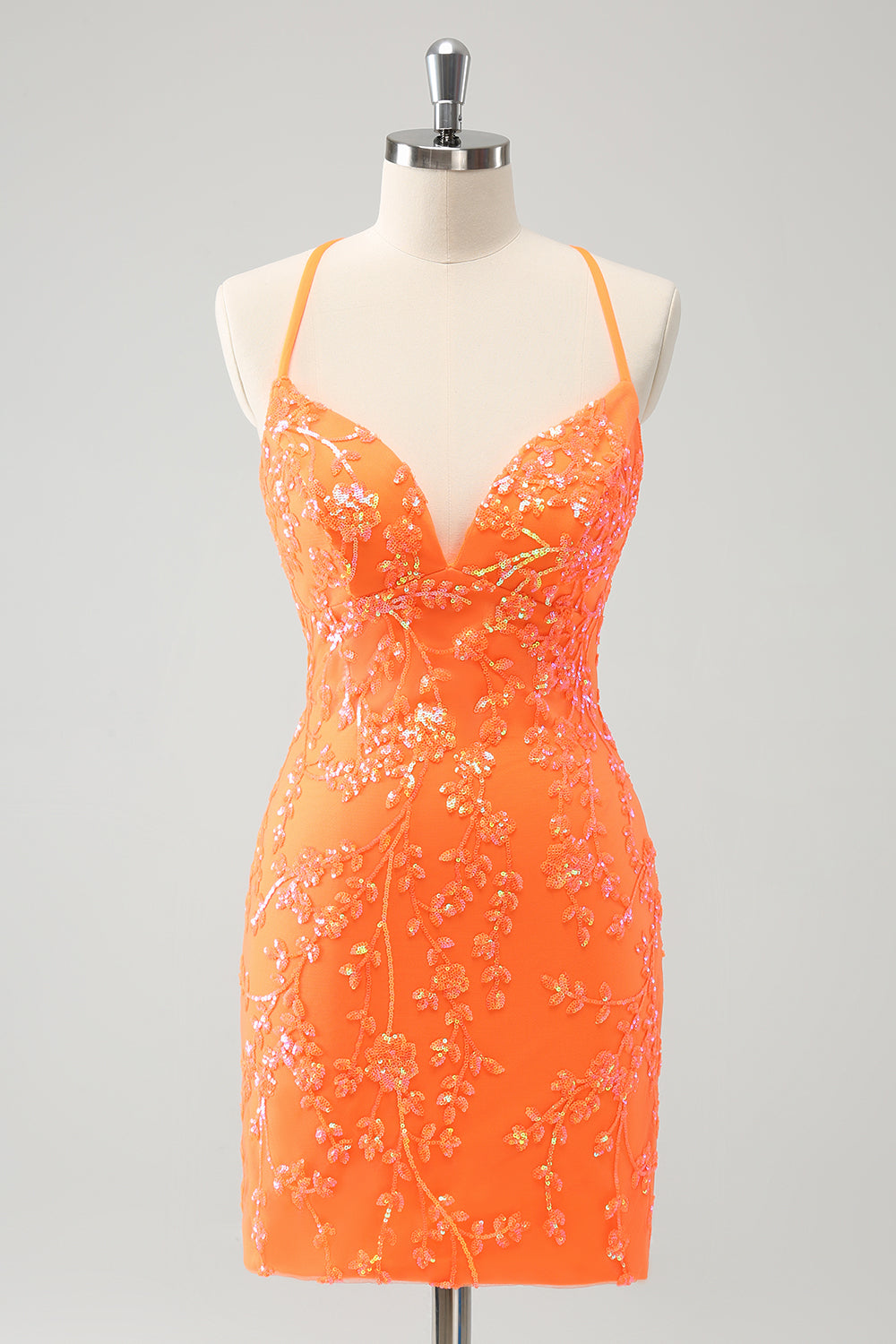 Sequined Orange Lace-Up Back Tight Short Homecoming Dress