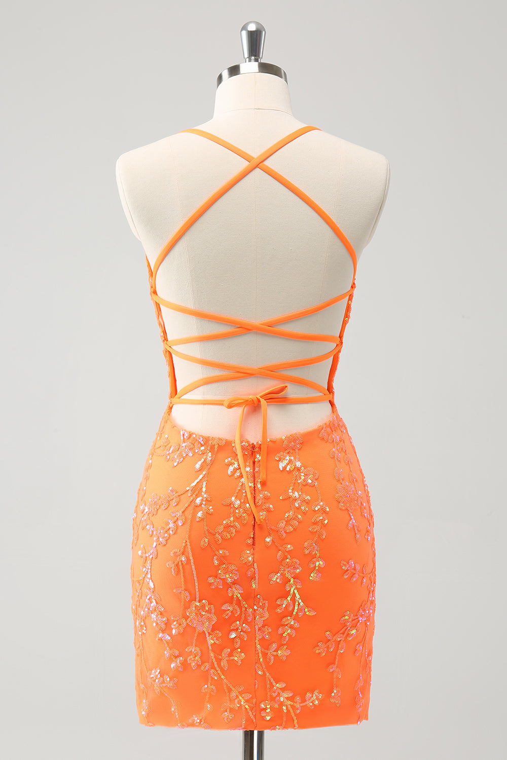 Sequined Orange Lace-Up Back Tight Short Homecoming Dress