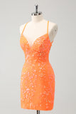 Sequined Orange Lace-Up Back Tight Short Homecoming Dress