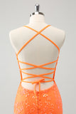 Sequined Orange Lace-Up Back Tight Short Homecoming Dress