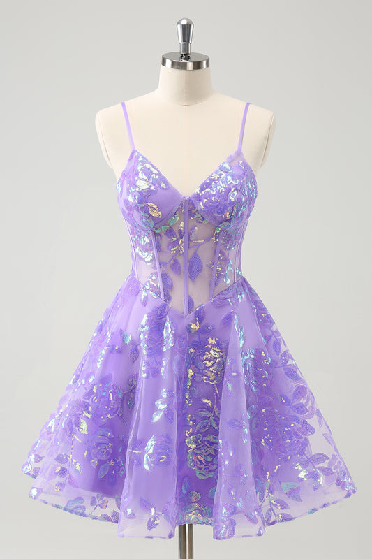 Lilac Spaghetti Straps Sequined A Line Corset Homecoming Dress