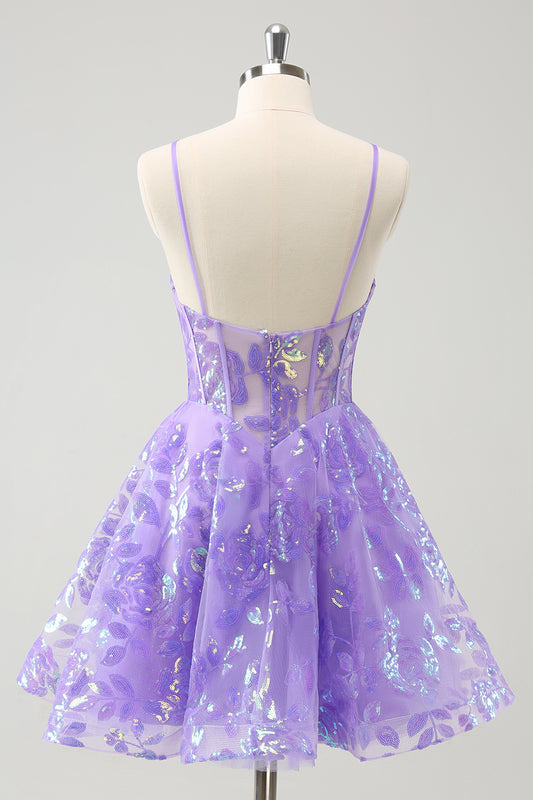 Lilac Spaghetti Straps Sequined A Line Corset Homecoming Dress