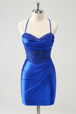 Royal Blue Spaghetti Straps Corset Tight Homecoming Dress