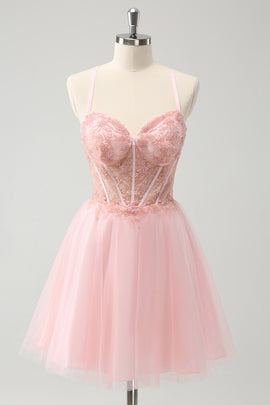 Pink A Line Corset Tulle Beaded Homecoming Dress